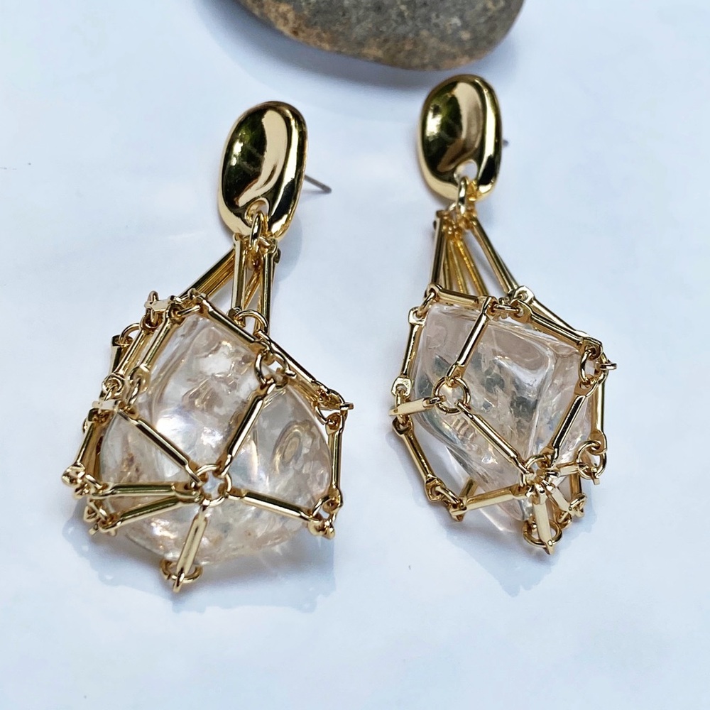 NEW Gold & Crystal Cage Drop Earrings - Picture 8 of 10